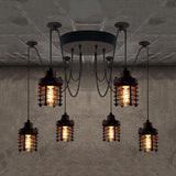 6 Light Iron Ceiling Lighting Farmhouse Style Black Cylinder Cage Shade Bedroom Hanging Light Fixture with Spider Design Clearhalo 'Art Deco Pendants' 'Black' 'Cast Iron' 'Ceiling Lights' 'Ceramic' 'Crystal' 'Industrial Pendants' 'Industrial' 'Metal' 'Middle Century Pendants' 'Pendant Lights' 'Pendants' 'Rustic Pendants' 'Tiffany' Lighting' 612935