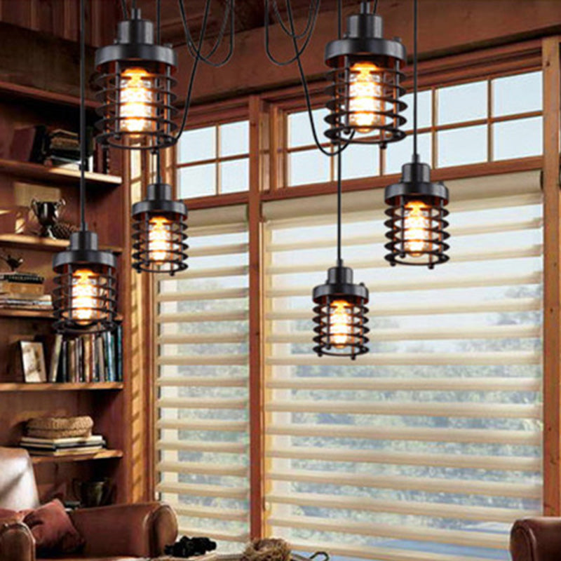 6 Light Iron Ceiling Lighting Farmhouse Style Black Cylinder Cage Shade Bedroom Hanging Light Fixture with Spider Design Clearhalo 'Art Deco Pendants' 'Black' 'Cast Iron' 'Ceiling Lights' 'Ceramic' 'Crystal' 'Industrial Pendants' 'Industrial' 'Metal' 'Middle Century Pendants' 'Pendant Lights' 'Pendants' 'Rustic Pendants' 'Tiffany' Lighting' 612936