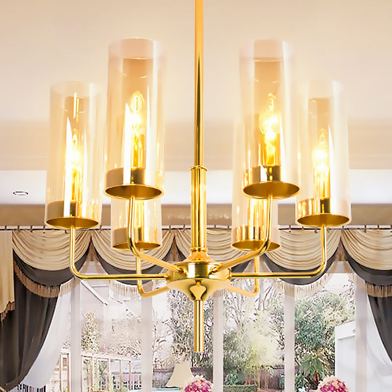 Post Modern Cylinder Chandelier Blue/Amber Glass 6/10 Lights Living Room Hanging Light in Gold 6 Amber Clearhalo 'Ceiling Lights' 'Chandeliers' 'Glass shade' 'Glass' 'Modern Chandeliers' 'Modern' Lighting' 612965