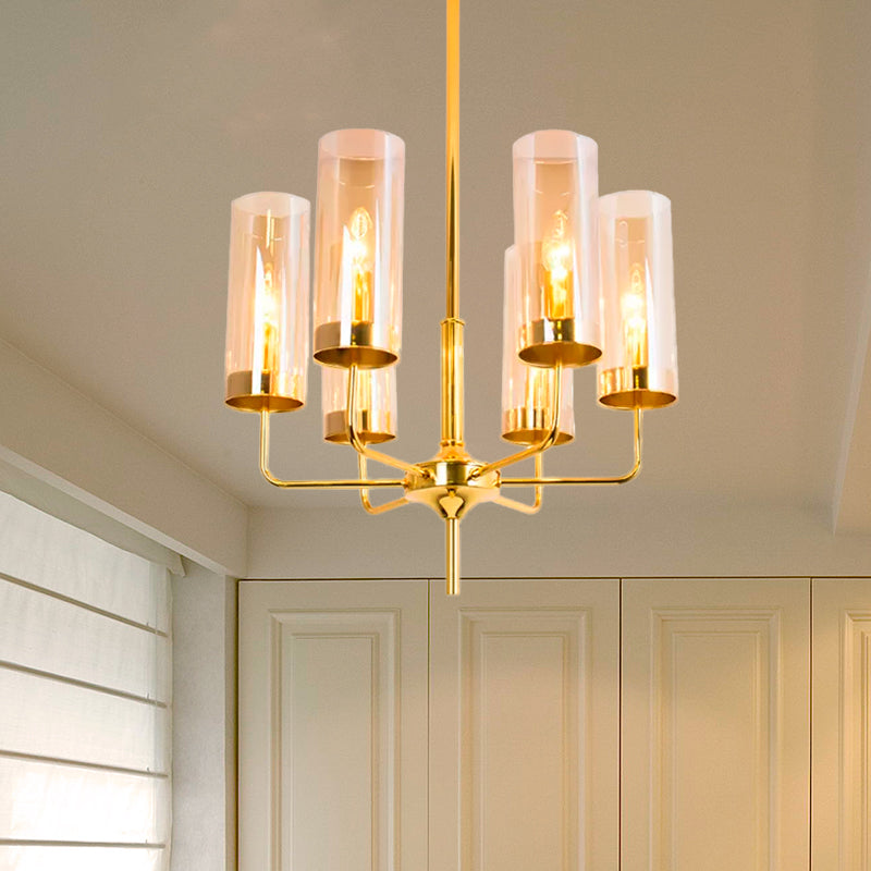 Post Modern Cylinder Chandelier Blue/Amber Glass 6/10 Lights Living Room Hanging Light in Gold Clearhalo 'Ceiling Lights' 'Chandeliers' 'Glass shade' 'Glass' 'Modern Chandeliers' 'Modern' Lighting' 612966