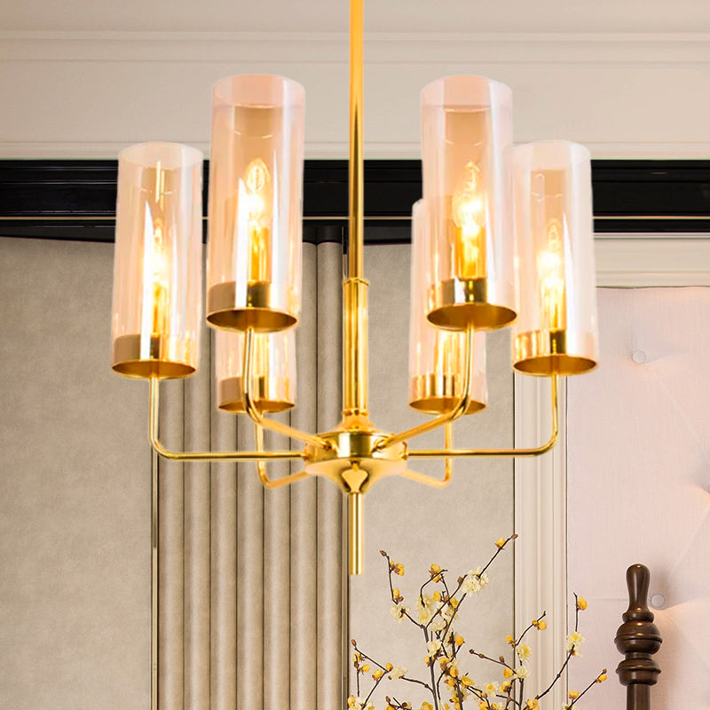 Post Modern Cylinder Chandelier Blue/Amber Glass 6/10 Lights Living Room Hanging Light in Gold Clearhalo 'Ceiling Lights' 'Chandeliers' 'Glass shade' 'Glass' 'Modern Chandeliers' 'Modern' Lighting' 612967