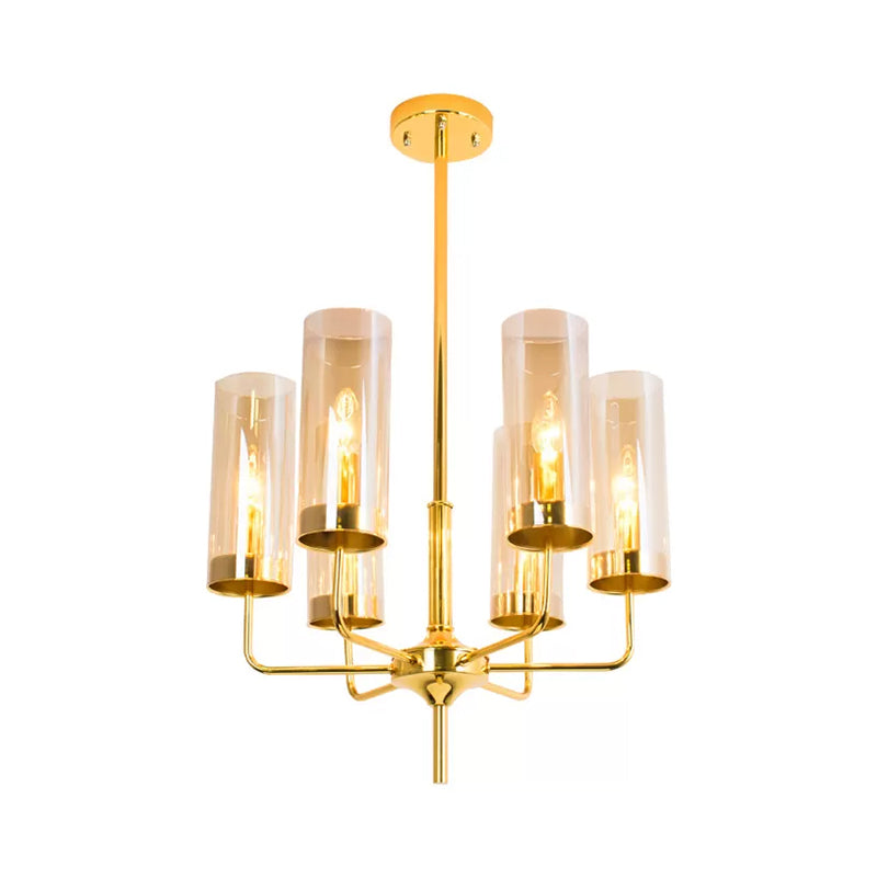 Post Modern Cylinder Chandelier Blue/Amber Glass 6/10 Lights Living Room Hanging Light in Gold Clearhalo 'Ceiling Lights' 'Chandeliers' 'Glass shade' 'Glass' 'Modern Chandeliers' 'Modern' Lighting' 612968