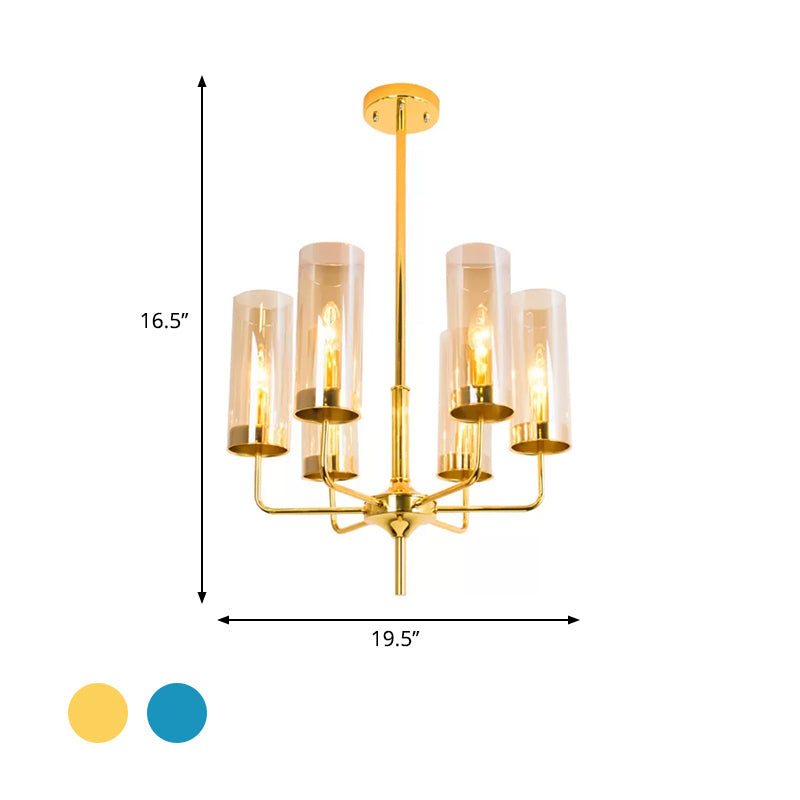 Post Modern Cylinder Chandelier Blue/Amber Glass 6/10 Lights Living Room Hanging Light in Gold Clearhalo 'Ceiling Lights' 'Chandeliers' 'Glass shade' 'Glass' 'Modern Chandeliers' 'Modern' Lighting' 612969