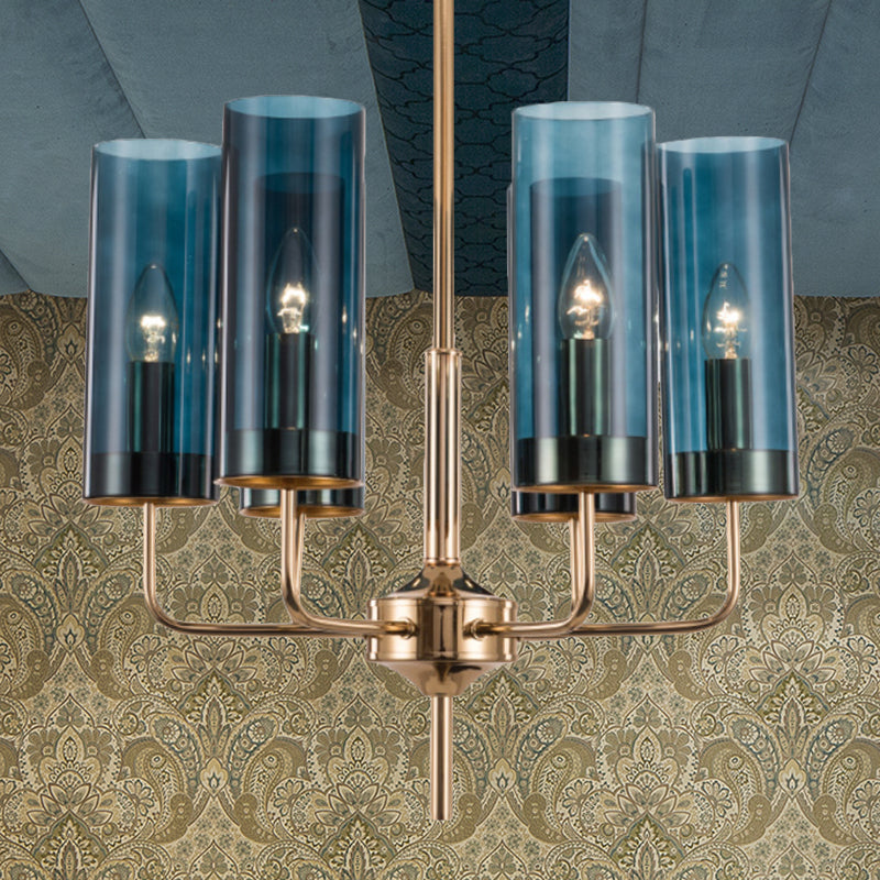 Post Modern Cylinder Chandelier Blue/Amber Glass 6/10 Lights Living Room Hanging Light in Gold 6 Blue Clearhalo 'Ceiling Lights' 'Chandeliers' 'Glass shade' 'Glass' 'Modern Chandeliers' 'Modern' Lighting' 612970