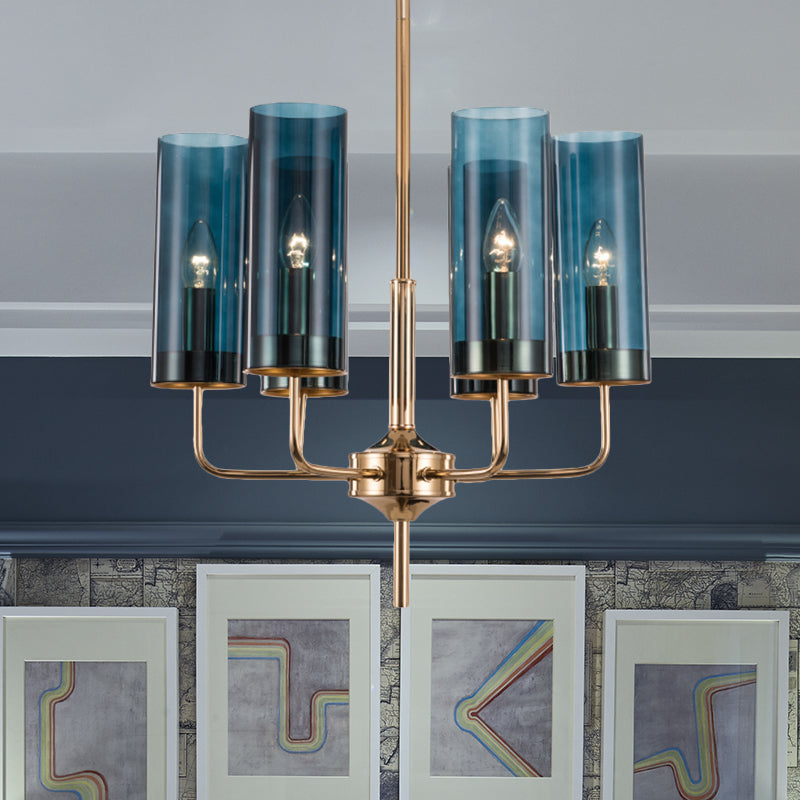 Post Modern Cylinder Chandelier Blue/Amber Glass 6/10 Lights Living Room Hanging Light in Gold Clearhalo 'Ceiling Lights' 'Chandeliers' 'Glass shade' 'Glass' 'Modern Chandeliers' 'Modern' Lighting' 612971