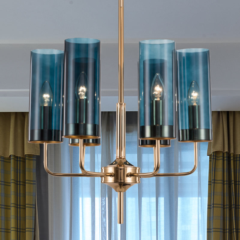 Post Modern Cylinder Chandelier Blue/Amber Glass 6/10 Lights Living Room Hanging Light in Gold Clearhalo 'Ceiling Lights' 'Chandeliers' 'Glass shade' 'Glass' 'Modern Chandeliers' 'Modern' Lighting' 612972