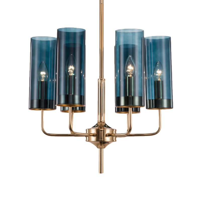 Post Modern Cylinder Chandelier Blue/Amber Glass 6/10 Lights Living Room Hanging Light in Gold Clearhalo 'Ceiling Lights' 'Chandeliers' 'Glass shade' 'Glass' 'Modern Chandeliers' 'Modern' Lighting' 612973