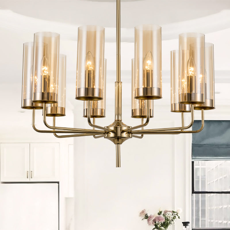 Post Modern Cylinder Chandelier Blue/Amber Glass 6/10 Lights Living Room Hanging Light in Gold 10 Amber Clearhalo 'Ceiling Lights' 'Chandeliers' 'Glass shade' 'Glass' 'Modern Chandeliers' 'Modern' Lighting' 612974