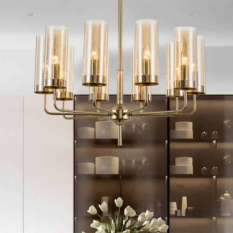 Post Modern Cylinder Chandelier Blue/Amber Glass 6/10 Lights Living Room Hanging Light in Gold Clearhalo 'Ceiling Lights' 'Chandeliers' 'Glass shade' 'Glass' 'Modern Chandeliers' 'Modern' Lighting' 612975