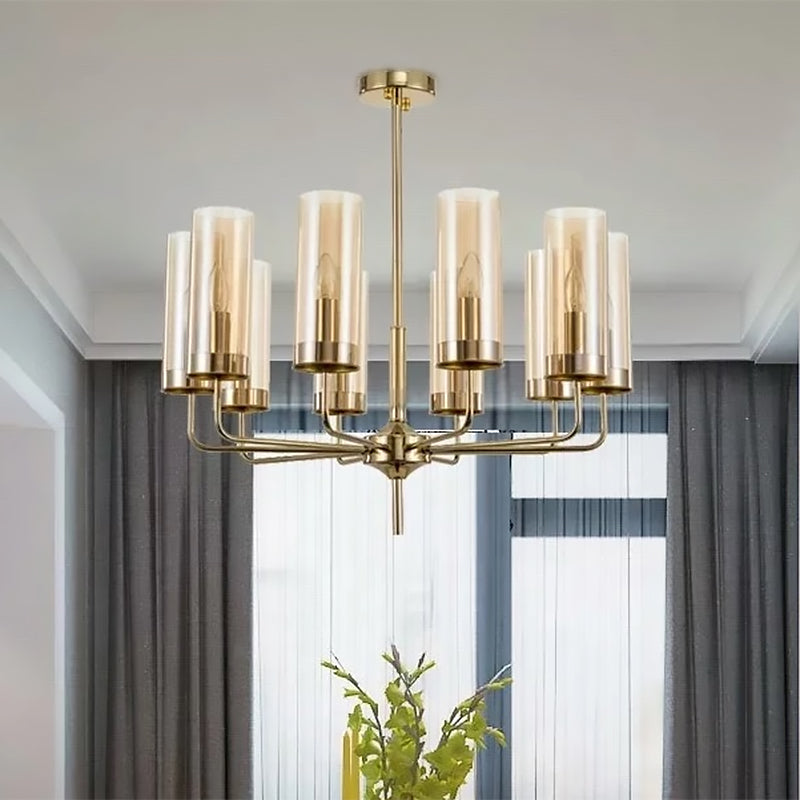 Post Modern Cylinder Chandelier Blue/Amber Glass 6/10 Lights Living Room Hanging Light in Gold Clearhalo 'Ceiling Lights' 'Chandeliers' 'Glass shade' 'Glass' 'Modern Chandeliers' 'Modern' Lighting' 612976