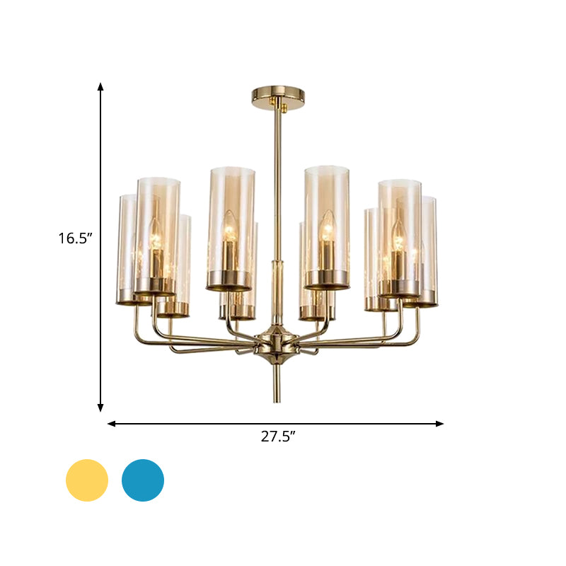 Post Modern Cylinder Chandelier Blue/Amber Glass 6/10 Lights Living Room Hanging Light in Gold Clearhalo 'Ceiling Lights' 'Chandeliers' 'Glass shade' 'Glass' 'Modern Chandeliers' 'Modern' Lighting' 612978