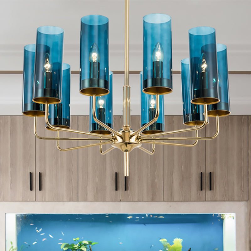 Post Modern Cylinder Chandelier Blue/Amber Glass 6/10 Lights Living Room Hanging Light in Gold 10 Blue Clearhalo 'Ceiling Lights' 'Chandeliers' 'Glass shade' 'Glass' 'Modern Chandeliers' 'Modern' Lighting' 612979