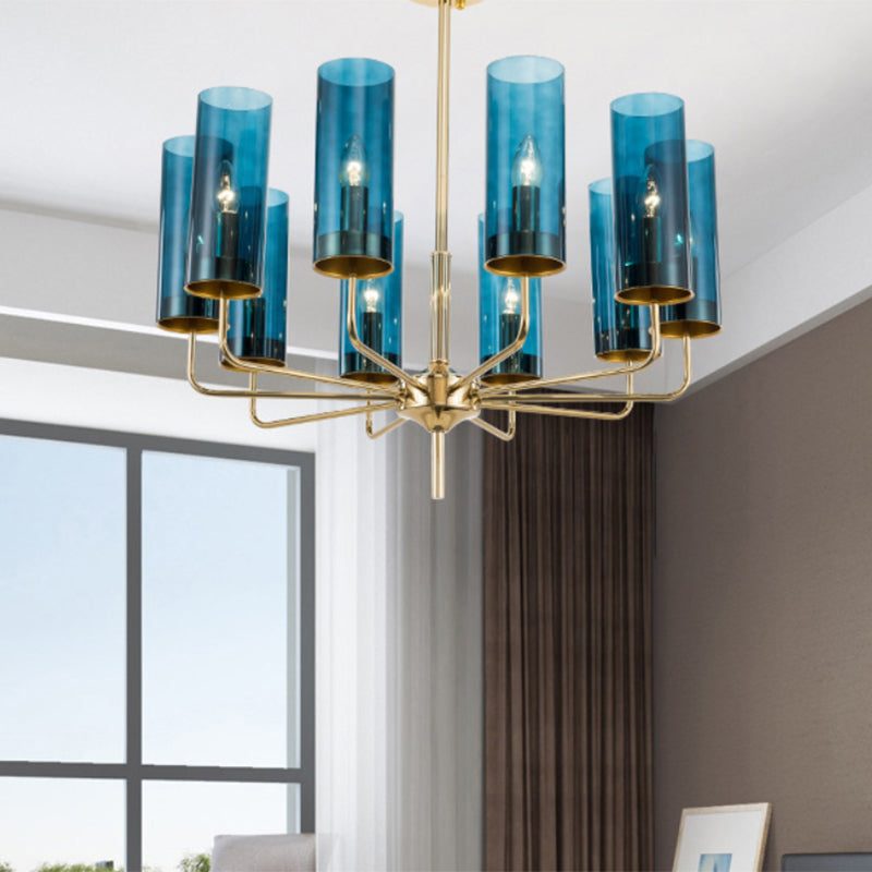 Post Modern Cylinder Chandelier Blue/Amber Glass 6/10 Lights Living Room Hanging Light in Gold Clearhalo 'Ceiling Lights' 'Chandeliers' 'Glass shade' 'Glass' 'Modern Chandeliers' 'Modern' Lighting' 612980