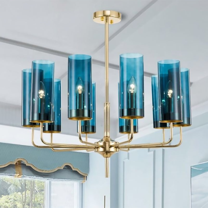 Post Modern Cylinder Chandelier Blue/Amber Glass 6/10 Lights Living Room Hanging Light in Gold Clearhalo 'Ceiling Lights' 'Chandeliers' 'Glass shade' 'Glass' 'Modern Chandeliers' 'Modern' Lighting' 612981