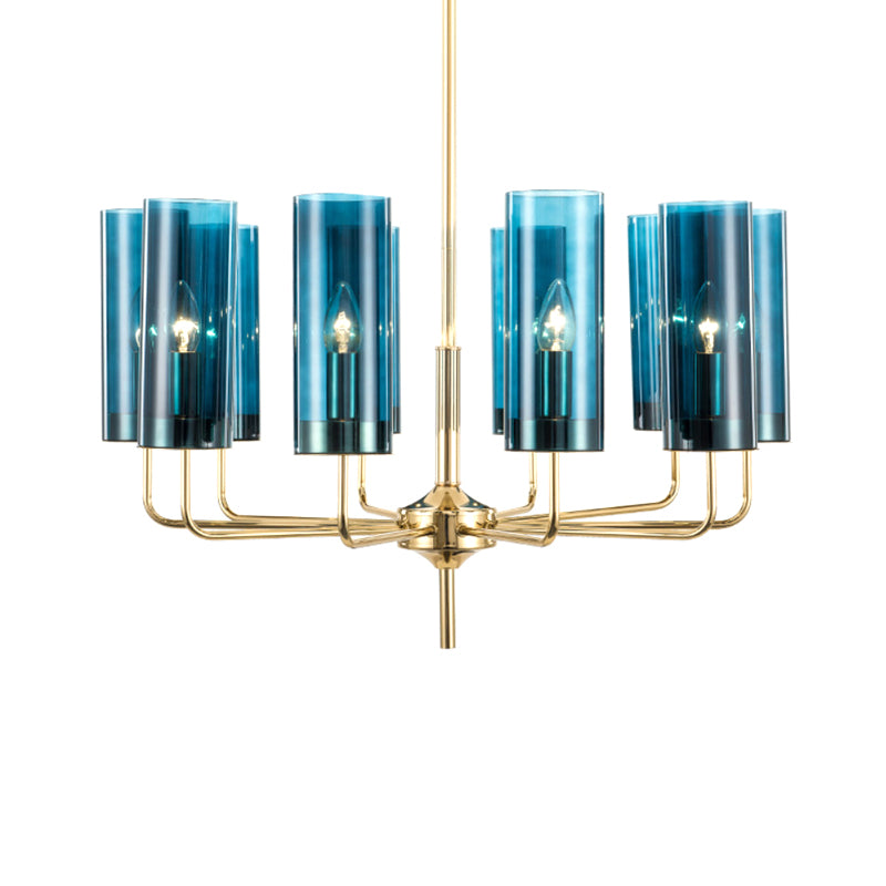 Post Modern Cylinder Chandelier Blue/Amber Glass 6/10 Lights Living Room Hanging Light in Gold Clearhalo 'Ceiling Lights' 'Chandeliers' 'Glass shade' 'Glass' 'Modern Chandeliers' 'Modern' Lighting' 612982