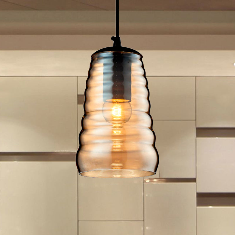 Bowl/Cylindrical/Saucer Shape Pendant Lamp Modernist Clear/Amber Ruffle Glass Black Hanging Light Fixture Clearhalo 'Ceiling Lights' 'Glass shade' 'Glass' 'Modern Pendants' 'Modern' 'Pendant Lights' 'Pendants' Lighting' 612985