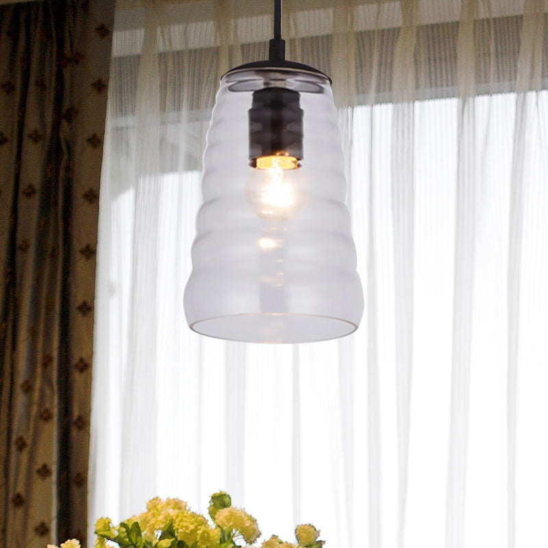 Bowl/Cylindrical/Saucer Shape Pendant Lamp Modernist Clear/Amber Ruffle Glass Black Hanging Light Fixture Clearhalo 'Ceiling Lights' 'Glass shade' 'Glass' 'Modern Pendants' 'Modern' 'Pendant Lights' 'Pendants' Lighting' 612989