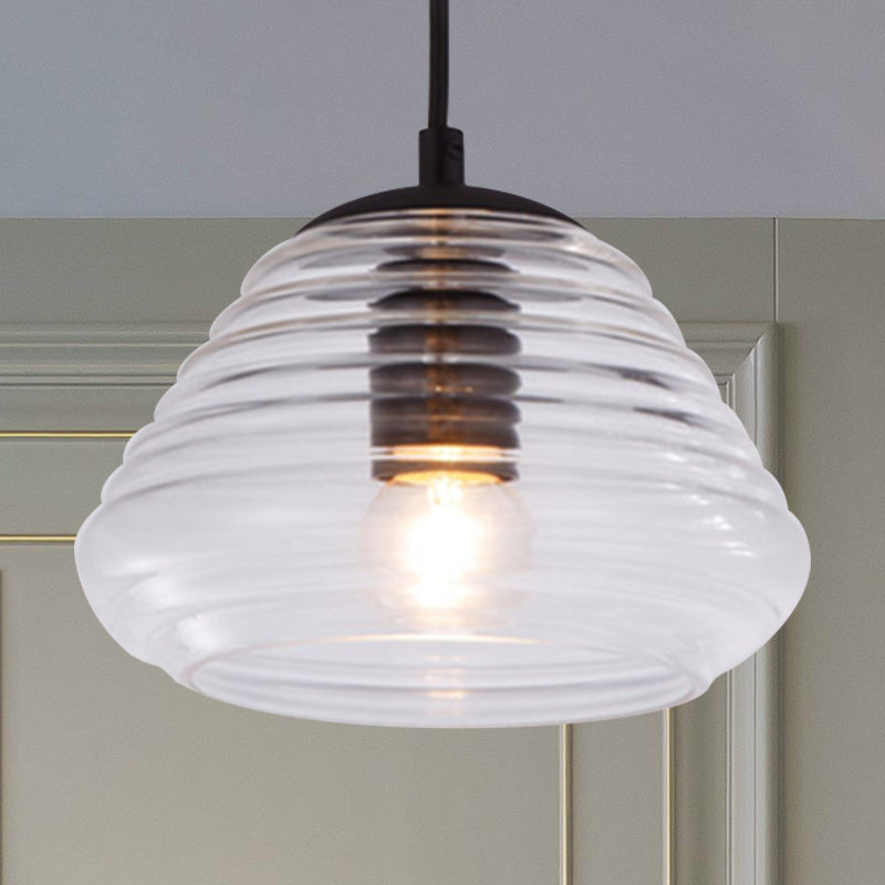 Bowl/Cylindrical/Saucer Shape Pendant Lamp Modernist Clear/Amber Ruffle Glass Black Hanging Light Fixture Clearhalo 'Ceiling Lights' 'Glass shade' 'Glass' 'Modern Pendants' 'Modern' 'Pendant Lights' 'Pendants' Lighting' 612997