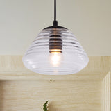 Bowl/Cylindrical/Saucer Shape Pendant Lamp Modernist Clear/Amber Ruffle Glass Black Hanging Light Fixture Clearhalo 'Ceiling Lights' 'Glass shade' 'Glass' 'Modern Pendants' 'Modern' 'Pendant Lights' 'Pendants' Lighting' 612998