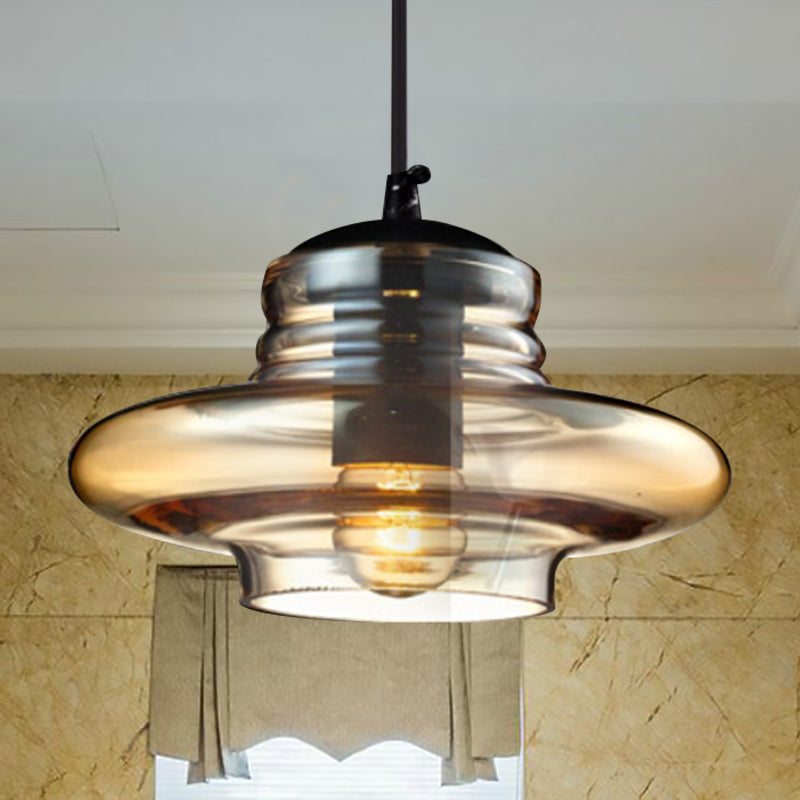 Bowl/Cylindrical/Saucer Shape Pendant Lamp Modernist Clear/Amber Ruffle Glass Black Hanging Light Fixture Amber Saucer Clearhalo 'Ceiling Lights' 'Glass shade' 'Glass' 'Modern Pendants' 'Modern' 'Pendant Lights' 'Pendants' Lighting' 613001