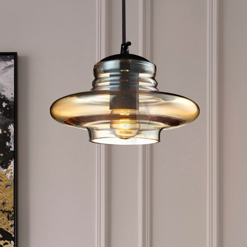 Bowl/Cylindrical/Saucer Shape Pendant Lamp Modernist Clear/Amber Ruffle Glass Black Hanging Light Fixture Clearhalo 'Ceiling Lights' 'Glass shade' 'Glass' 'Modern Pendants' 'Modern' 'Pendant Lights' 'Pendants' Lighting' 613002