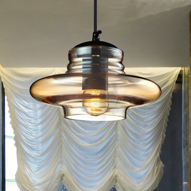 Bowl/Cylindrical/Saucer Shape Pendant Lamp Modernist Clear/Amber Ruffle Glass Black Hanging Light Fixture Clearhalo 'Ceiling Lights' 'Glass shade' 'Glass' 'Modern Pendants' 'Modern' 'Pendant Lights' 'Pendants' Lighting' 613003