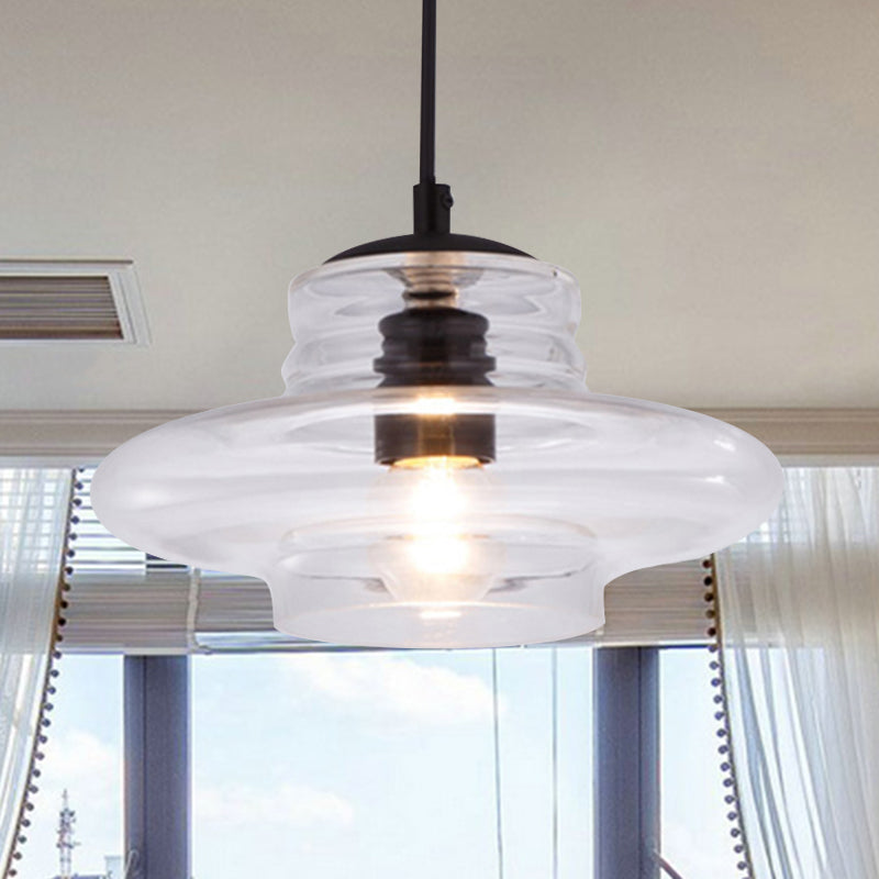 Bowl/Cylindrical/Saucer Shape Pendant Lamp Modernist Clear/Amber Ruffle Glass Black Hanging Light Fixture Clear Saucer Clearhalo 'Ceiling Lights' 'Glass shade' 'Glass' 'Modern Pendants' 'Modern' 'Pendant Lights' 'Pendants' Lighting' 613006