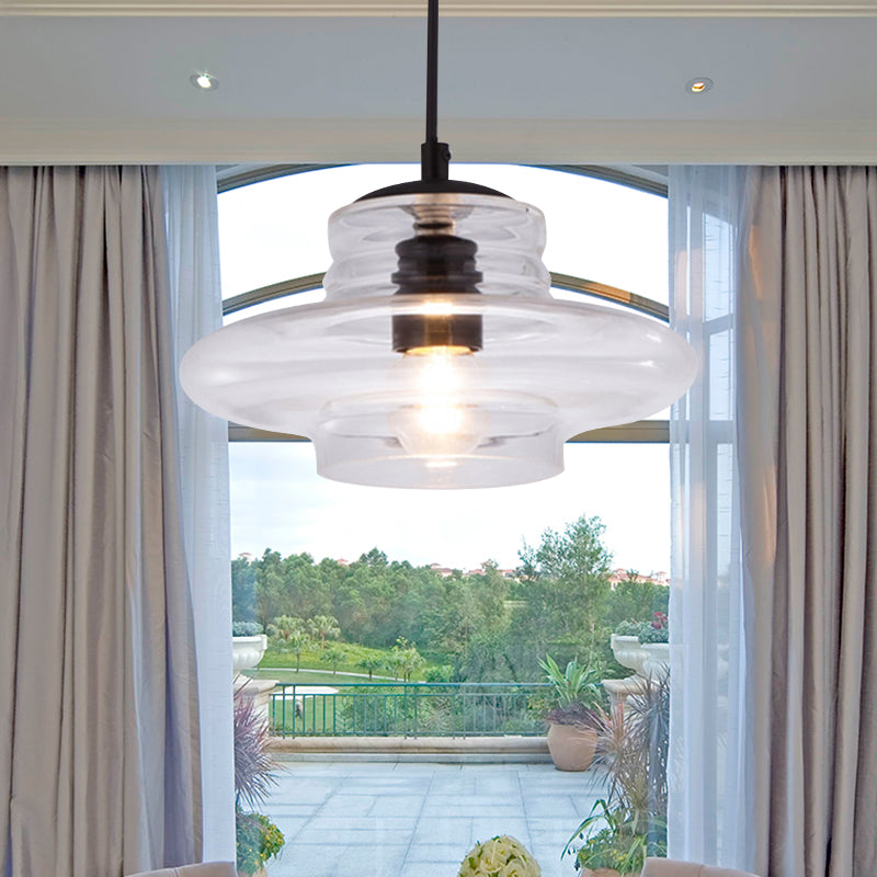 Bowl/Cylindrical/Saucer Shape Pendant Lamp Modernist Clear/Amber Ruffle Glass Black Hanging Light Fixture Clearhalo 'Ceiling Lights' 'Glass shade' 'Glass' 'Modern Pendants' 'Modern' 'Pendant Lights' 'Pendants' Lighting' 613007