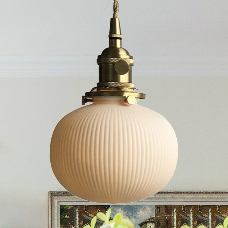 Ellipsoidal/Cylinder/Global Dining Room Pendant Lamp Ribbed Glass 1 Light Modern Hanging Light Kit in Ivory Ivory Globe Clearhalo 'Ceiling Lights' 'Glass shade' 'Glass' 'Modern Pendants' 'Modern' 'Pendant Lights' 'Pendants' Lighting' 613015