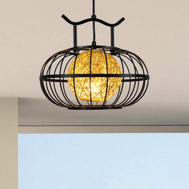 Metal Pumpkin Cage Hanging Pendant Light with Inner Rattan Ball Shade Asian Style 1 Light Suspension Lamp in Red/Yellow Yellow Clearhalo 'Ceiling Lights' 'Modern Pendants' 'Modern' 'Pendant Lights' 'Pendants' Lighting' 613084