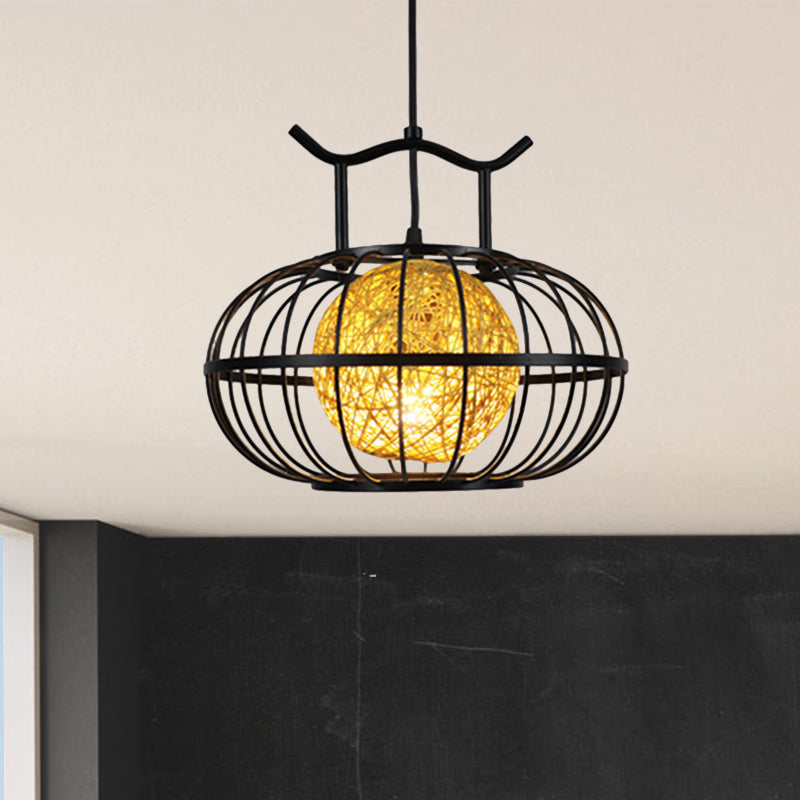 Metal Pumpkin Cage Hanging Pendant Light with Inner Rattan Ball Shade Asian Style 1 Light Suspension Lamp in Red/Yellow Clearhalo 'Ceiling Lights' 'Modern Pendants' 'Modern' 'Pendant Lights' 'Pendants' Lighting' 613085