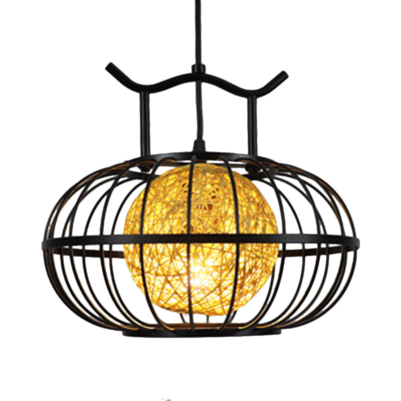 Metal Pumpkin Cage Hanging Pendant Light with Inner Rattan Ball Shade Asian Style 1 Light Suspension Lamp in Red/Yellow Clearhalo 'Ceiling Lights' 'Modern Pendants' 'Modern' 'Pendant Lights' 'Pendants' Lighting' 613086