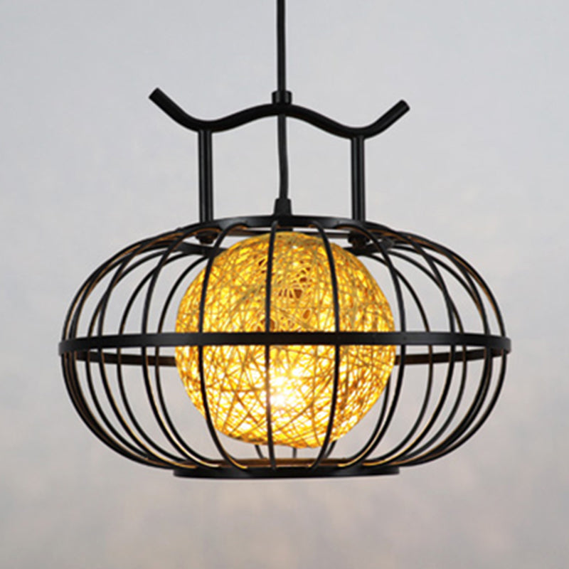 Metal Pumpkin Cage Hanging Pendant Light with Inner Rattan Ball Shade Asian Style 1 Light Suspension Lamp in Red/Yellow Clearhalo 'Ceiling Lights' 'Modern Pendants' 'Modern' 'Pendant Lights' 'Pendants' Lighting' 613087