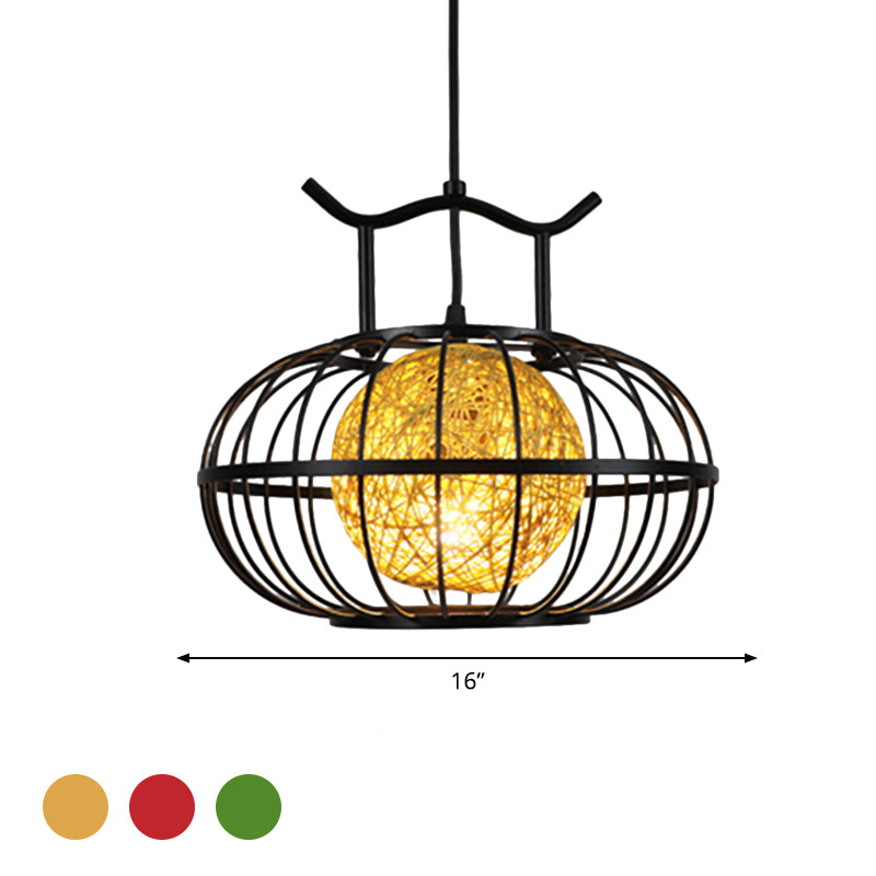 Metal Pumpkin Cage Hanging Pendant Light with Inner Rattan Ball Shade Asian Style 1 Light Suspension Lamp in Red/Yellow Clearhalo 'Ceiling Lights' 'Modern Pendants' 'Modern' 'Pendant Lights' 'Pendants' Lighting' 613088