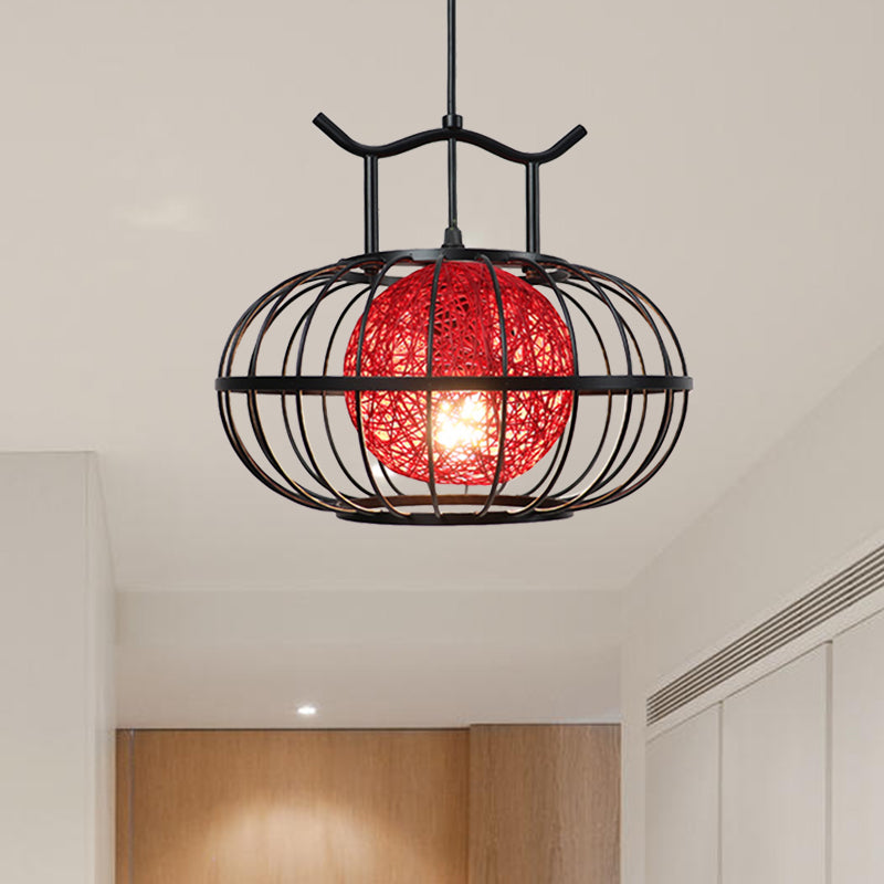 Metal Pumpkin Cage Hanging Pendant Light with Inner Rattan Ball Shade Asian Style 1 Light Suspension Lamp in Red/Yellow Red Clearhalo 'Ceiling Lights' 'Modern Pendants' 'Modern' 'Pendant Lights' 'Pendants' Lighting' 613089