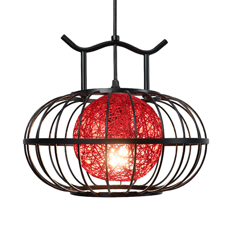 Metal Pumpkin Cage Hanging Pendant Light with Inner Rattan Ball Shade Asian Style 1 Light Suspension Lamp in Red/Yellow Clearhalo 'Ceiling Lights' 'Modern Pendants' 'Modern' 'Pendant Lights' 'Pendants' Lighting' 613091