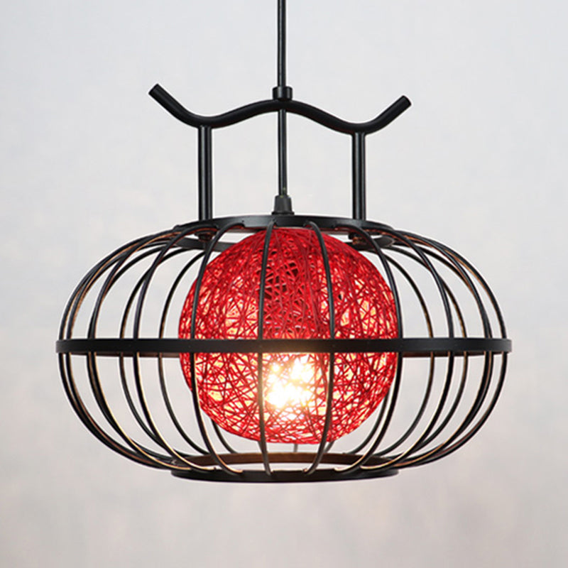 Metal Pumpkin Cage Hanging Pendant Light with Inner Rattan Ball Shade Asian Style 1 Light Suspension Lamp in Red/Yellow Clearhalo 'Ceiling Lights' 'Modern Pendants' 'Modern' 'Pendant Lights' 'Pendants' Lighting' 613092