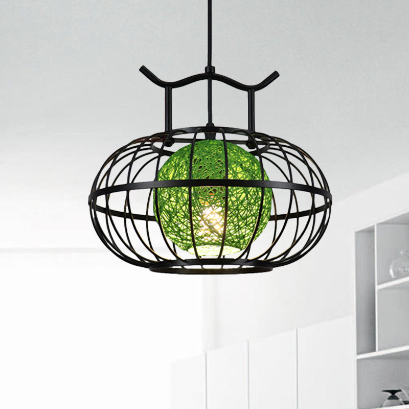 Metal Pumpkin Cage Hanging Pendant Light with Inner Rattan Ball Shade Asian Style 1 Light Suspension Lamp in Red/Yellow Green Clearhalo 'Ceiling Lights' 'Modern Pendants' 'Modern' 'Pendant Lights' 'Pendants' Lighting' 613093