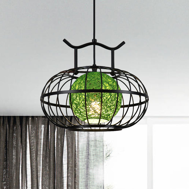 Metal Pumpkin Cage Hanging Pendant Light with Inner Rattan Ball Shade Asian Style 1 Light Suspension Lamp in Red/Yellow Clearhalo 'Ceiling Lights' 'Modern Pendants' 'Modern' 'Pendant Lights' 'Pendants' Lighting' 613094