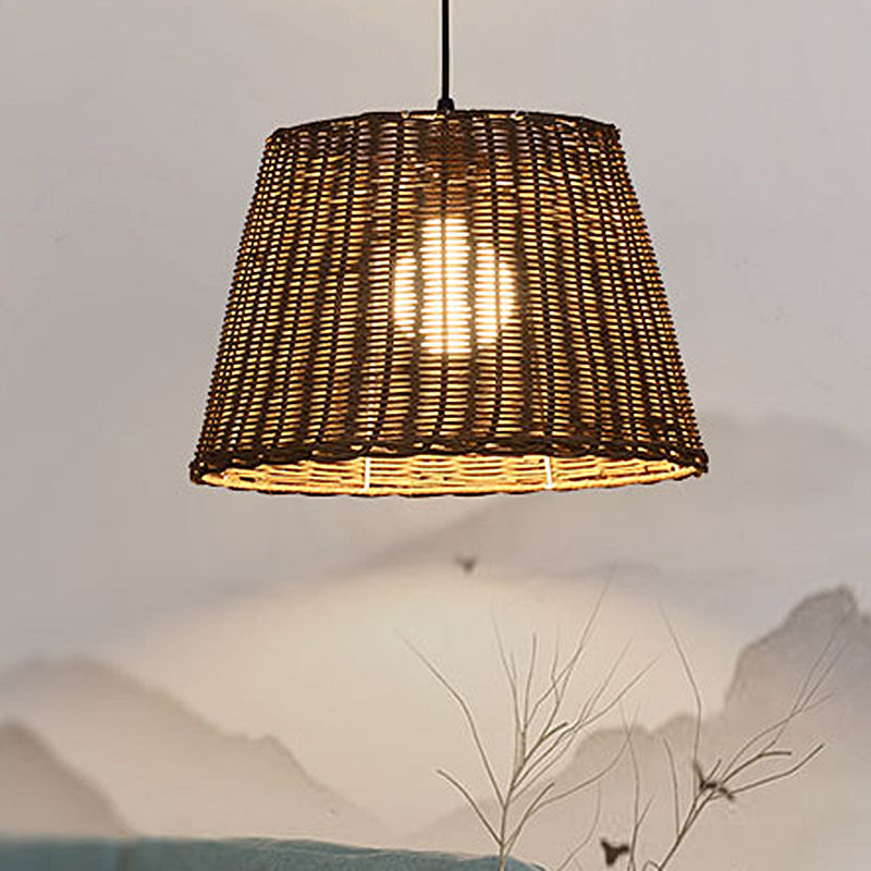 Bucket Shade Hanging Ceiling Light Asian Style Rattan 9.5"/13" Width 1 Light Pendant Lamp in Beige for Dining Room Clearhalo 'Ceiling Lights' 'Pendant Lights' 'Pendants' Lighting' 613111