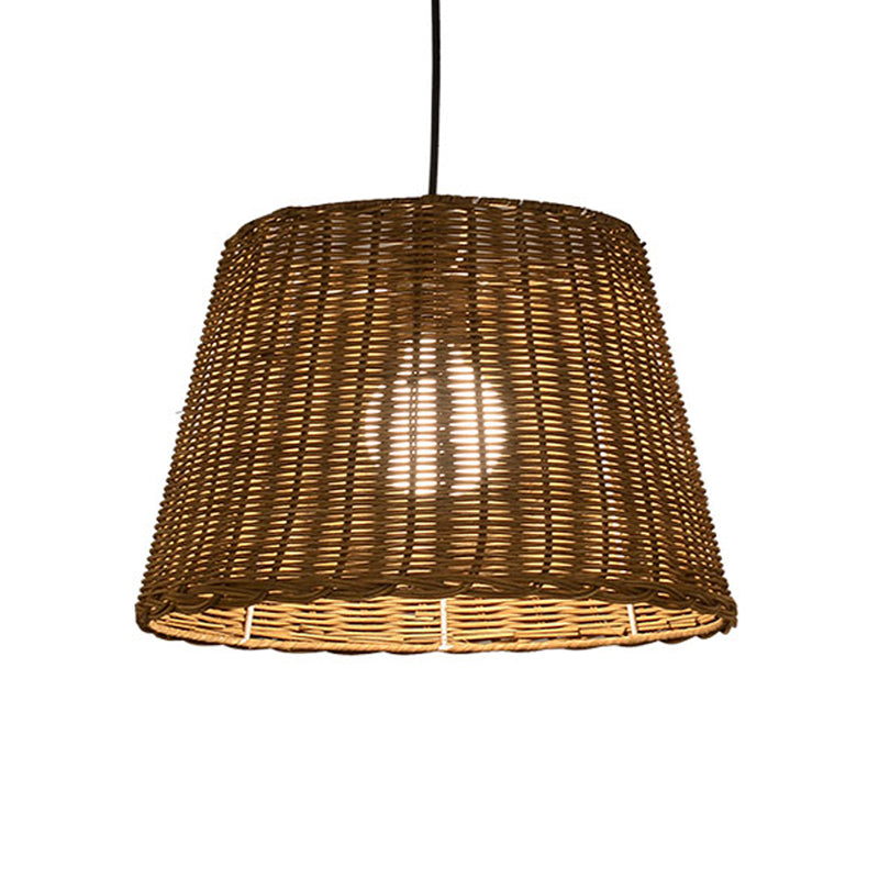 Bucket Shade Hanging Ceiling Light Asian Style Rattan 9.5"/13" Width 1 Light Pendant Lamp in Beige for Dining Room Clearhalo 'Ceiling Lights' 'Pendant Lights' 'Pendants' Lighting' 613113