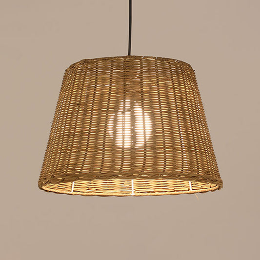 Bucket Shade Hanging Ceiling Light Asian Style Rattan 9.5"/13" Width 1 Light Pendant Lamp in Beige for Dining Room Clearhalo 'Ceiling Lights' 'Pendant Lights' 'Pendants' Lighting' 613114