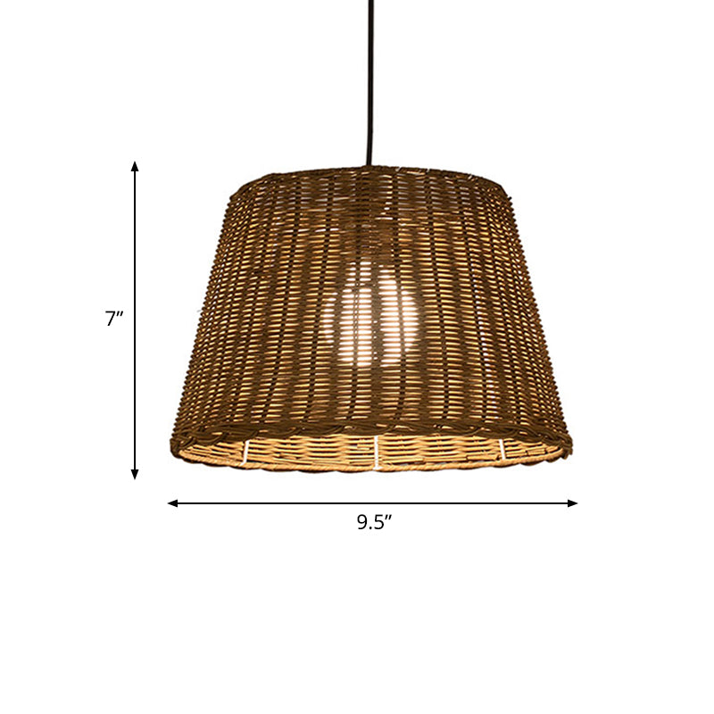 Bucket Shade Hanging Ceiling Light Asian Style Rattan 9.5"/13" Width 1 Light Pendant Lamp in Beige for Dining Room Clearhalo 'Ceiling Lights' 'Pendant Lights' 'Pendants' Lighting' 613115