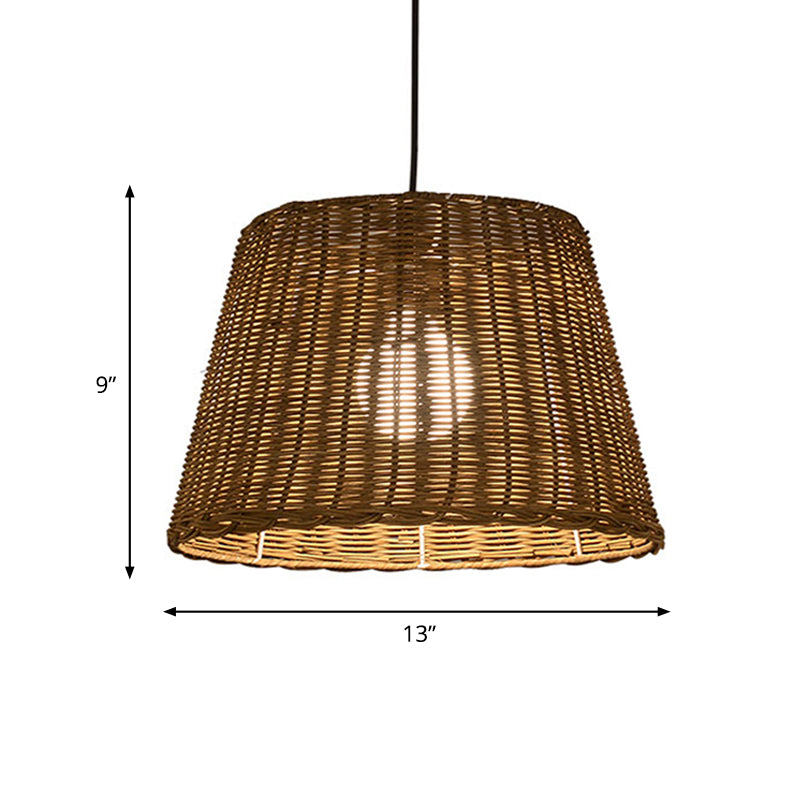 Bucket Shade Hanging Ceiling Light Asian Style Rattan 9.5"/13" Width 1 Light Pendant Lamp in Beige for Dining Room Clearhalo 'Ceiling Lights' 'Pendant Lights' 'Pendants' Lighting' 613116