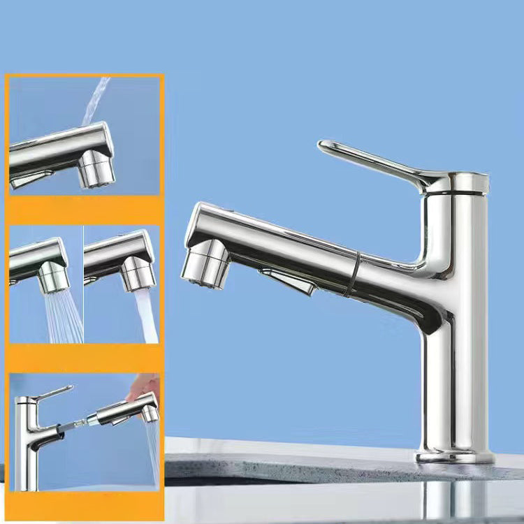 Pull-out Simple Bathroom Sink Faucet 1 Hole Single Handle Faucet Silver Supply Lines Included Clearhalo 'Bathroom Remodel & Bathroom Fixtures' 'Bathroom Sink Faucets' 'Bathroom Sinks & Faucet Components' 'bathroom_sink_faucets' 'Home Improvement' 'home_improvement' 'home_improvement_bathroom_sink_faucets' 6131557