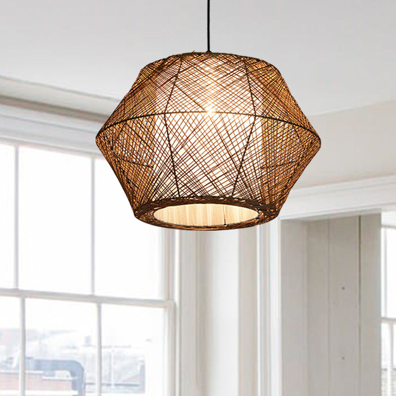 Handmade Ceiling Pendant Light with Geometric Shade Asian Style Rattan Fiber 1 Light Beige Suspended Lamp Beige Clearhalo 'Ceiling Lights' 'Modern Pendants' 'Modern' 'Pendant Lights' 'Pendants' Lighting' 613197