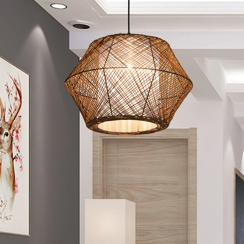 Handmade Ceiling Pendant Light with Geometric Shade Asian Style Rattan Fiber 1 Light Beige Suspended Lamp Clearhalo 'Ceiling Lights' 'Modern Pendants' 'Modern' 'Pendant Lights' 'Pendants' Lighting' 613198