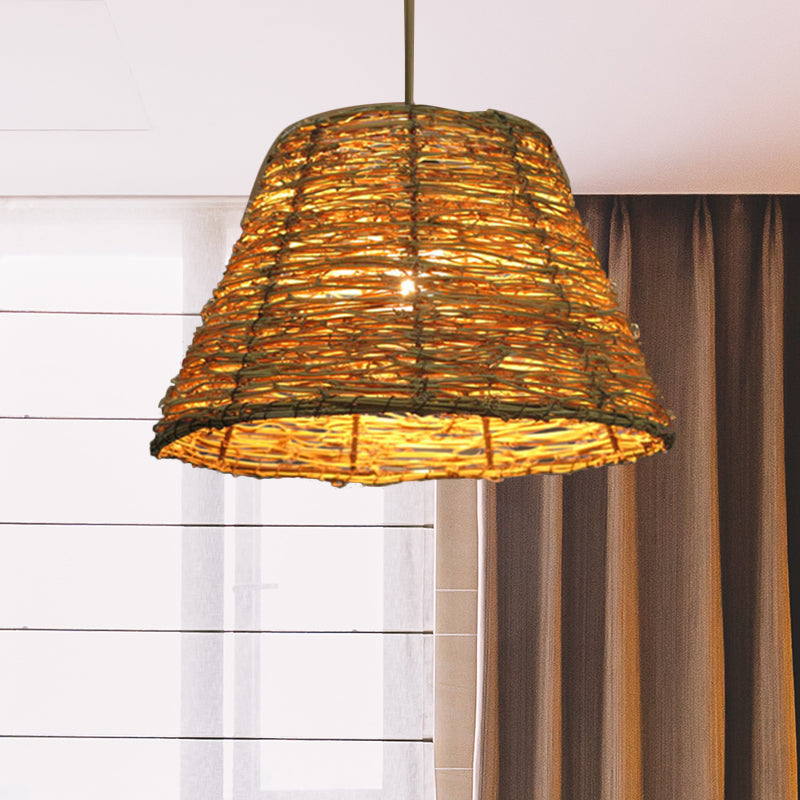 1 Bulb Restaurant Hanging Pendant Light with Conic Rattan Shade Asian Style Beige/Brown Ceiling Lighting Clearhalo 'Ceiling Lights' 'Pendant Lights' 'Pendants' Lighting' 613283