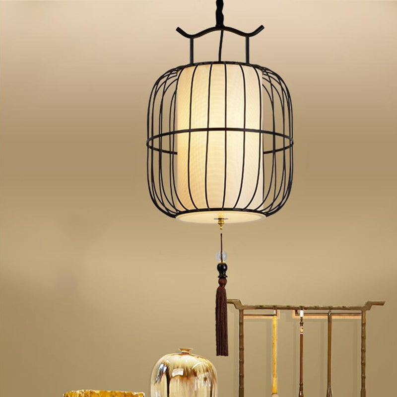 1 Head Indoor Pendant Lamp with Cylinder Bamboo Shade Chinese Style Black/Gold Hanging Fixture Black Clearhalo 'Ceiling Lights' 'Modern Pendants' 'Modern' 'Pendant Lights' 'Pendants' Lighting' 613309