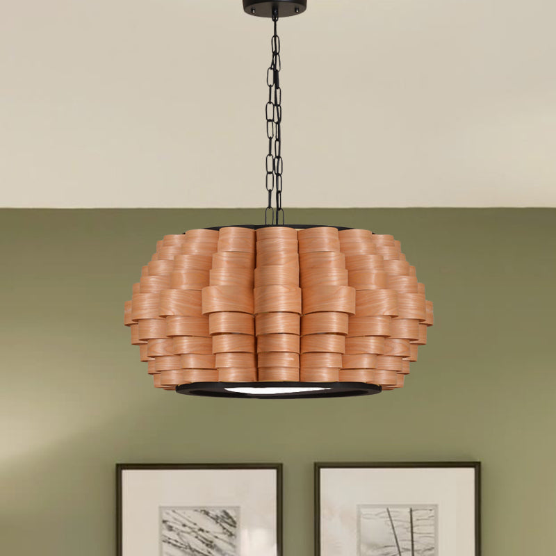 16"/19.5"/23.5" Wide Wood Barrel Shade Hanging Light Chinese Single Light Veneer Pendant Lamp for Dining Room Clearhalo 'Ceiling Lights' 'Modern Pendants' 'Modern' 'Pendant Lights' 'Pendants' Lighting' 613320